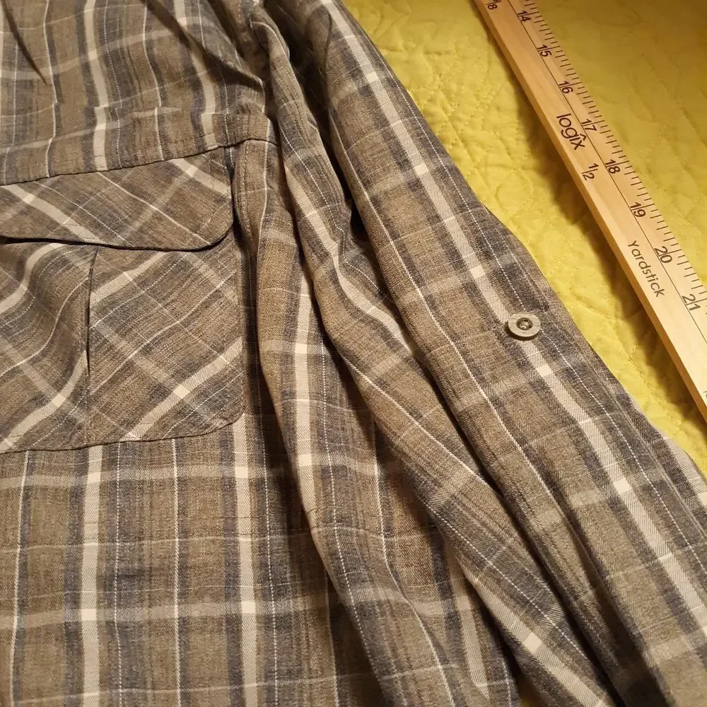 Wrangler Outdoors Mens Shirt XL Plaid Button Up Roll Tab Sleeve Grays Tans - Picture 7 of 11